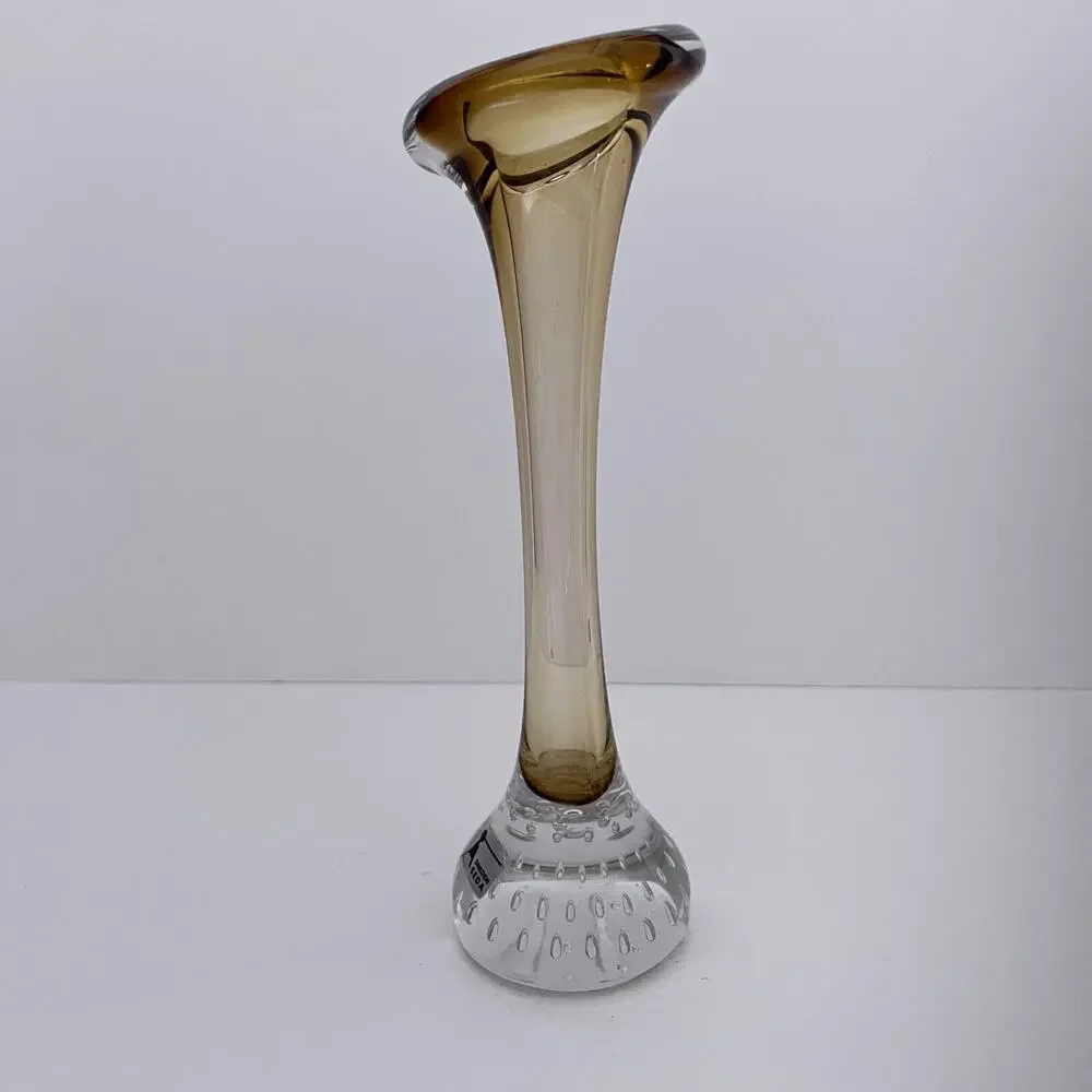 Aseda Glasbruk Sweden Amber Art Glass Vase with Controlled Bubbles Base Vintage